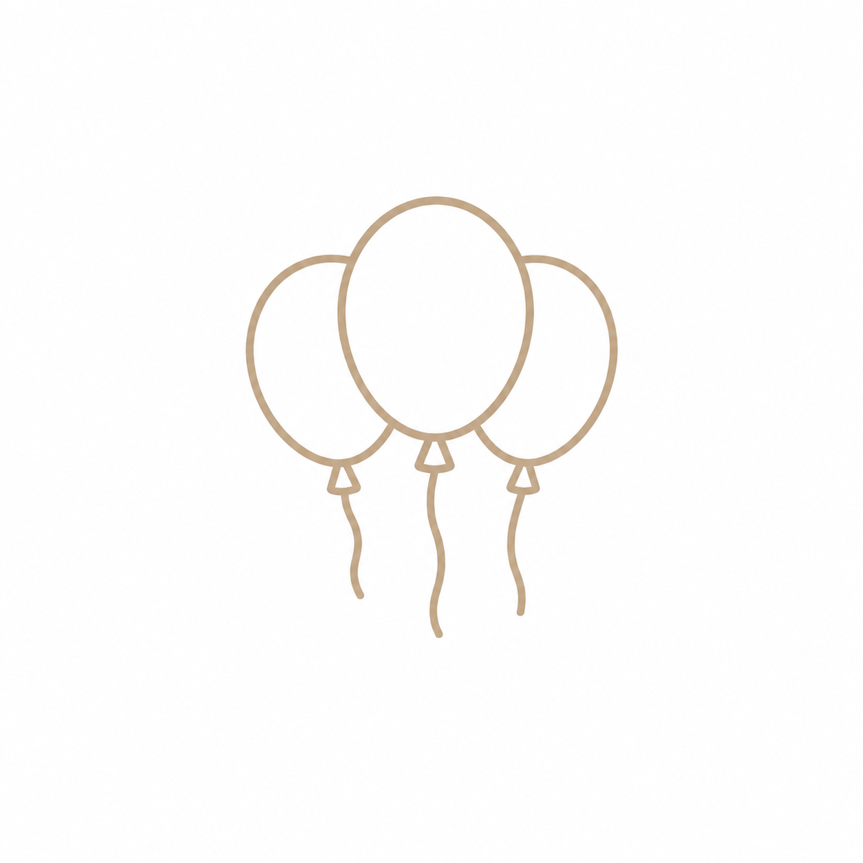 Three outline balloons with strings in a minimalist tan line art style on white background.