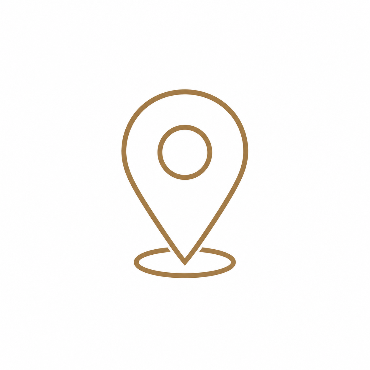 Gold outline location pin map marker icon with circle center and shadow base on white background.