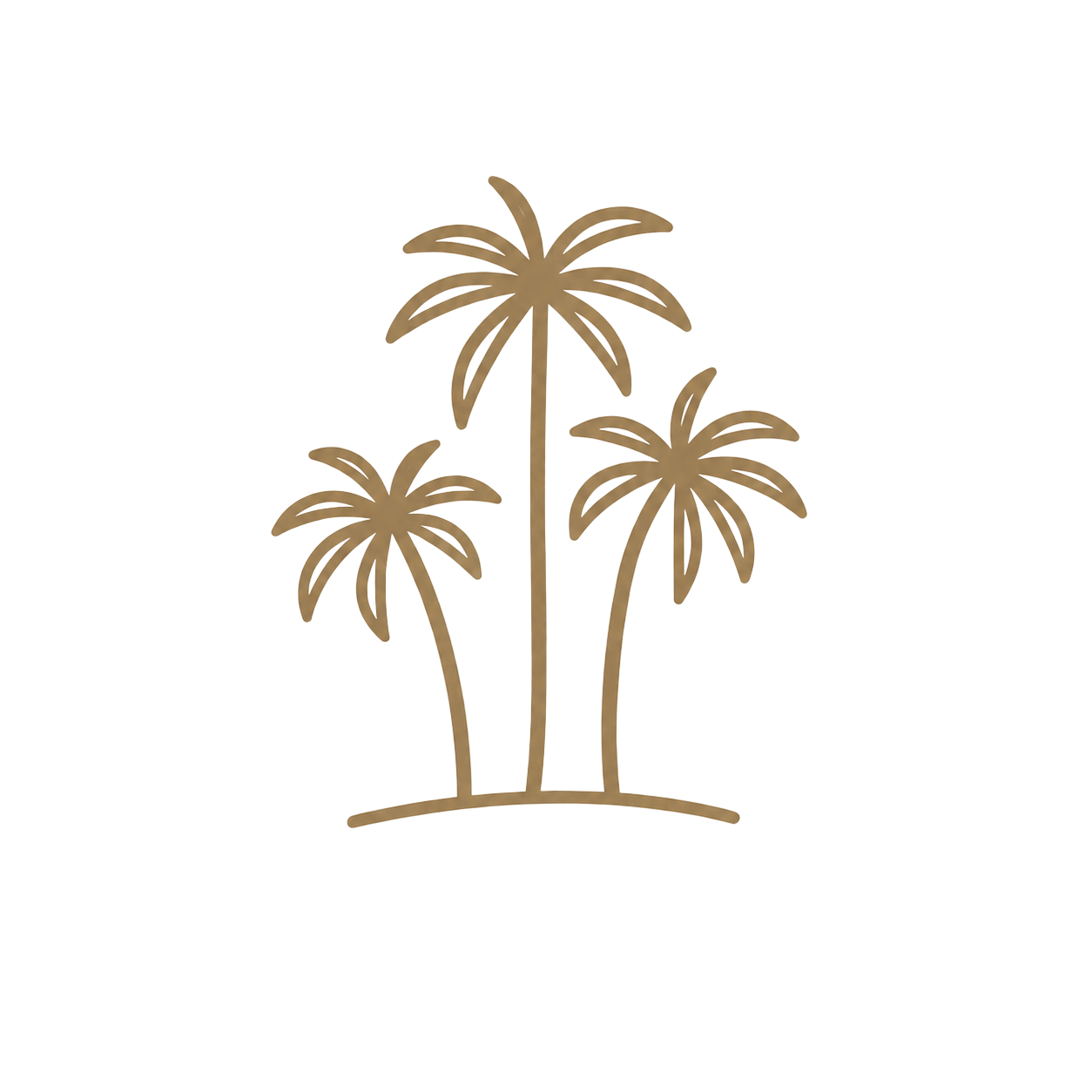 Gold outline illustration of three tropical palm trees grouped together on a curved ground line.