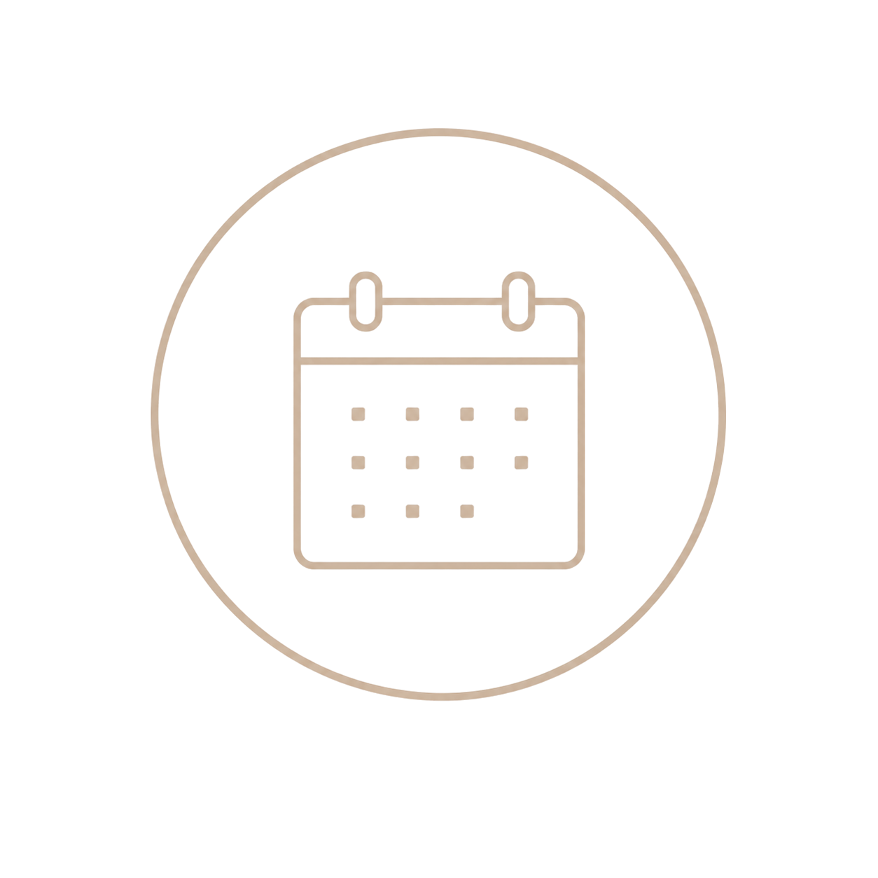 Minimalist calendar icon with dot grid design inside a circular border in warm beige tones.
