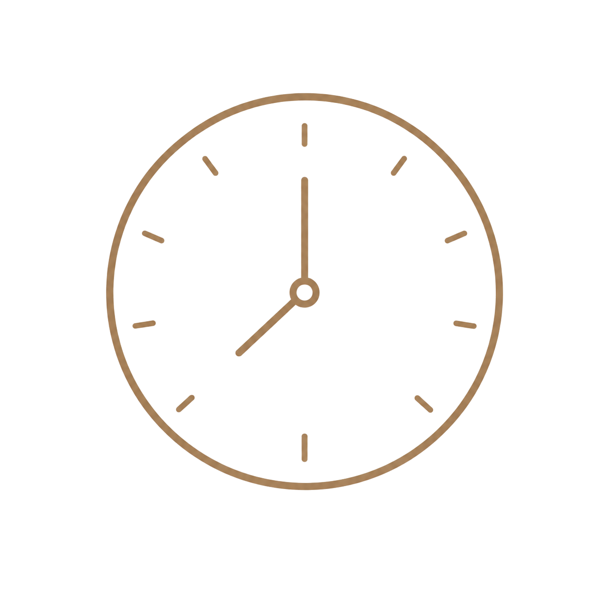 Minimalist clock icon with thin brown lines showing time on a white background.
