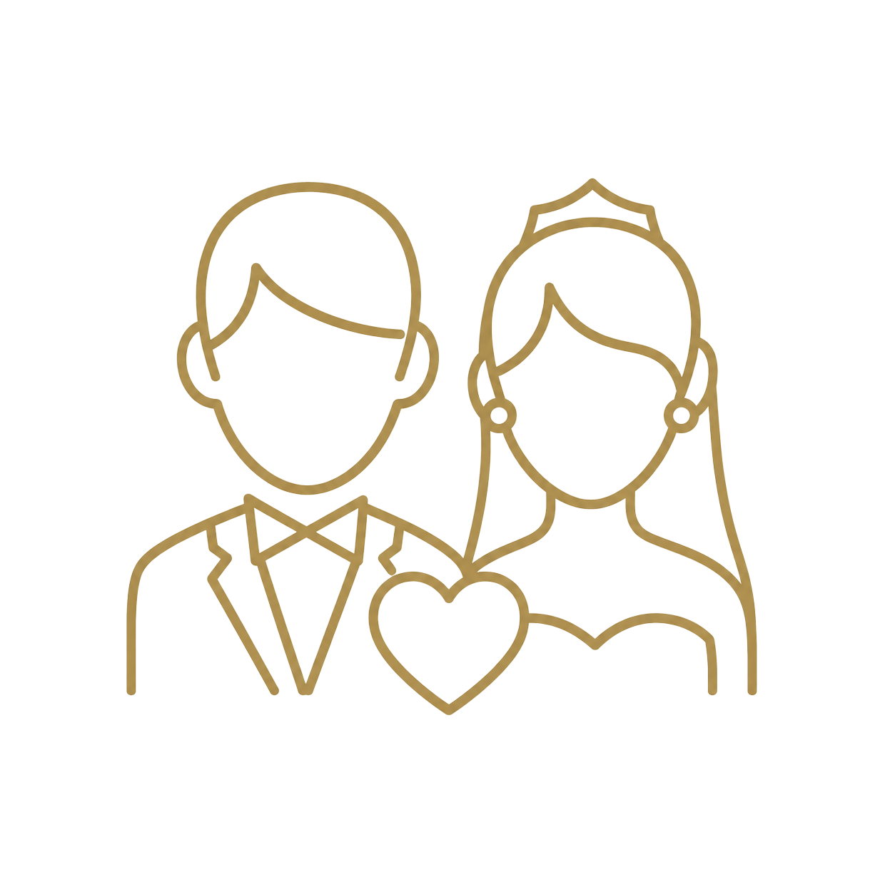 Gold line art icon of a bride and groom couple with a heart symbol for wedding themes.