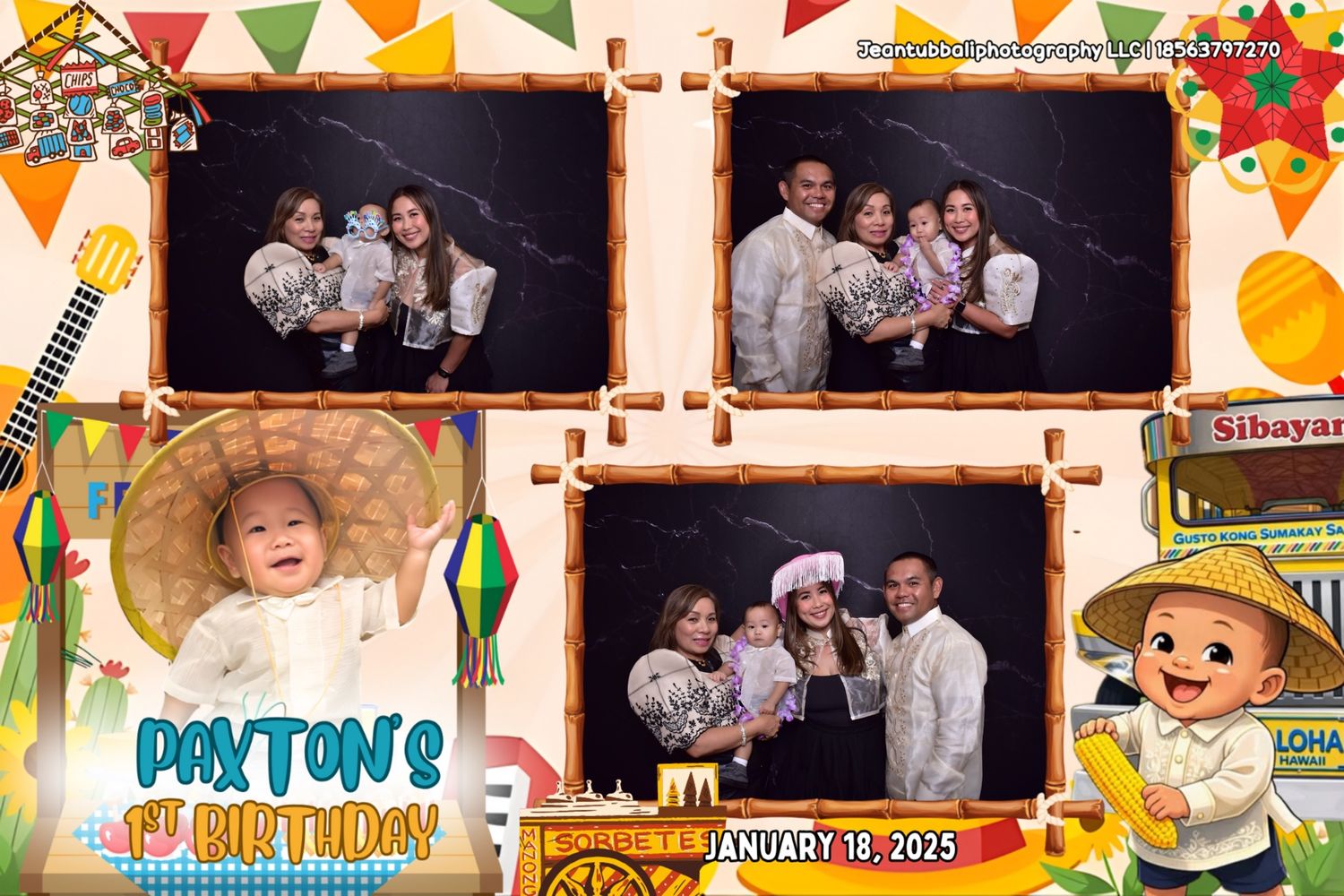 Family photo booth pictures from Paxton's 1st birthday party on January 18, 2025, featuring festive decorations.