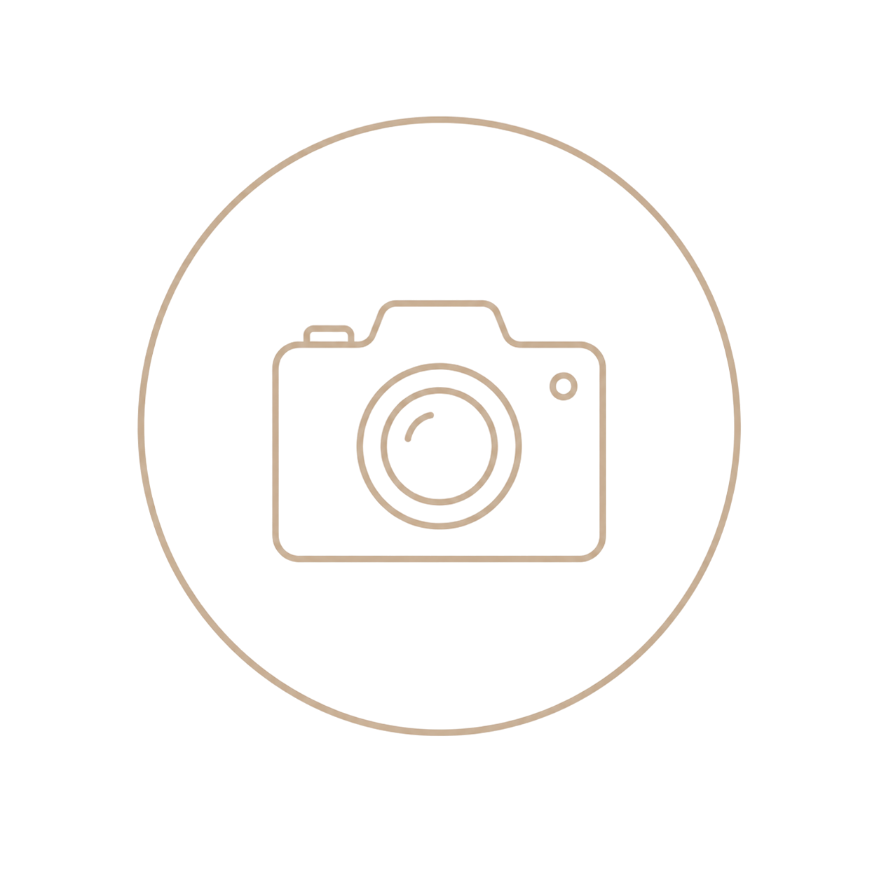 Minimalist camera icon outlined in beige on a white circular background, representing photo or image placeholder.