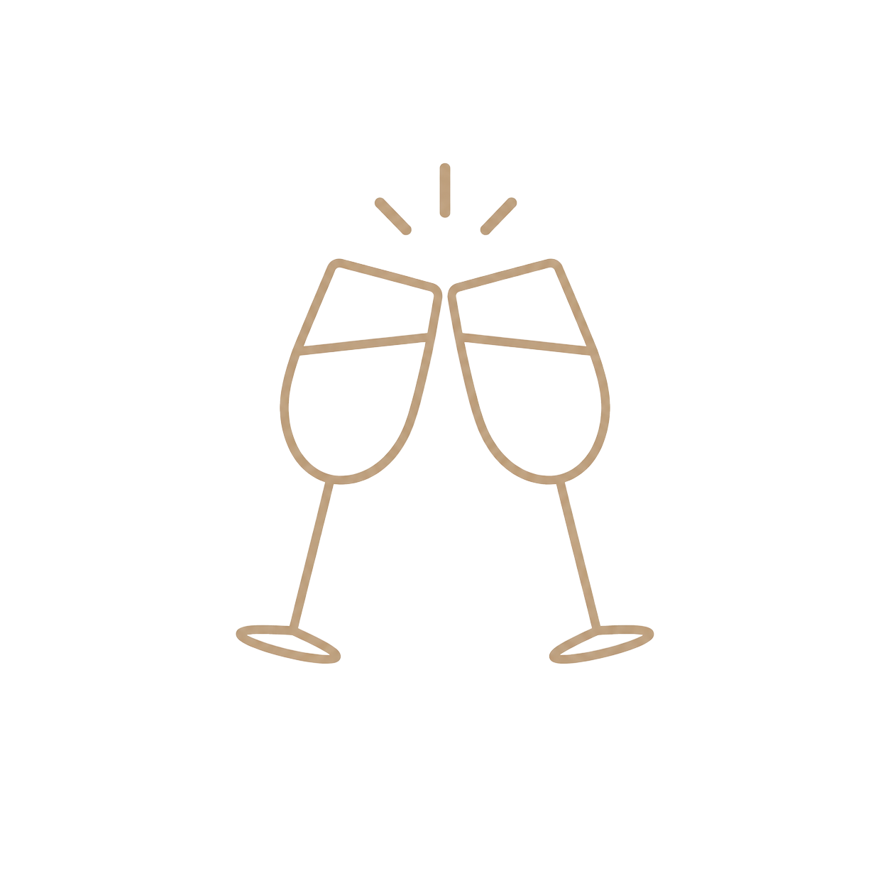 Two champagne flutes clinking together in a celebratory toast, illustrated in elegant gold line art on white.