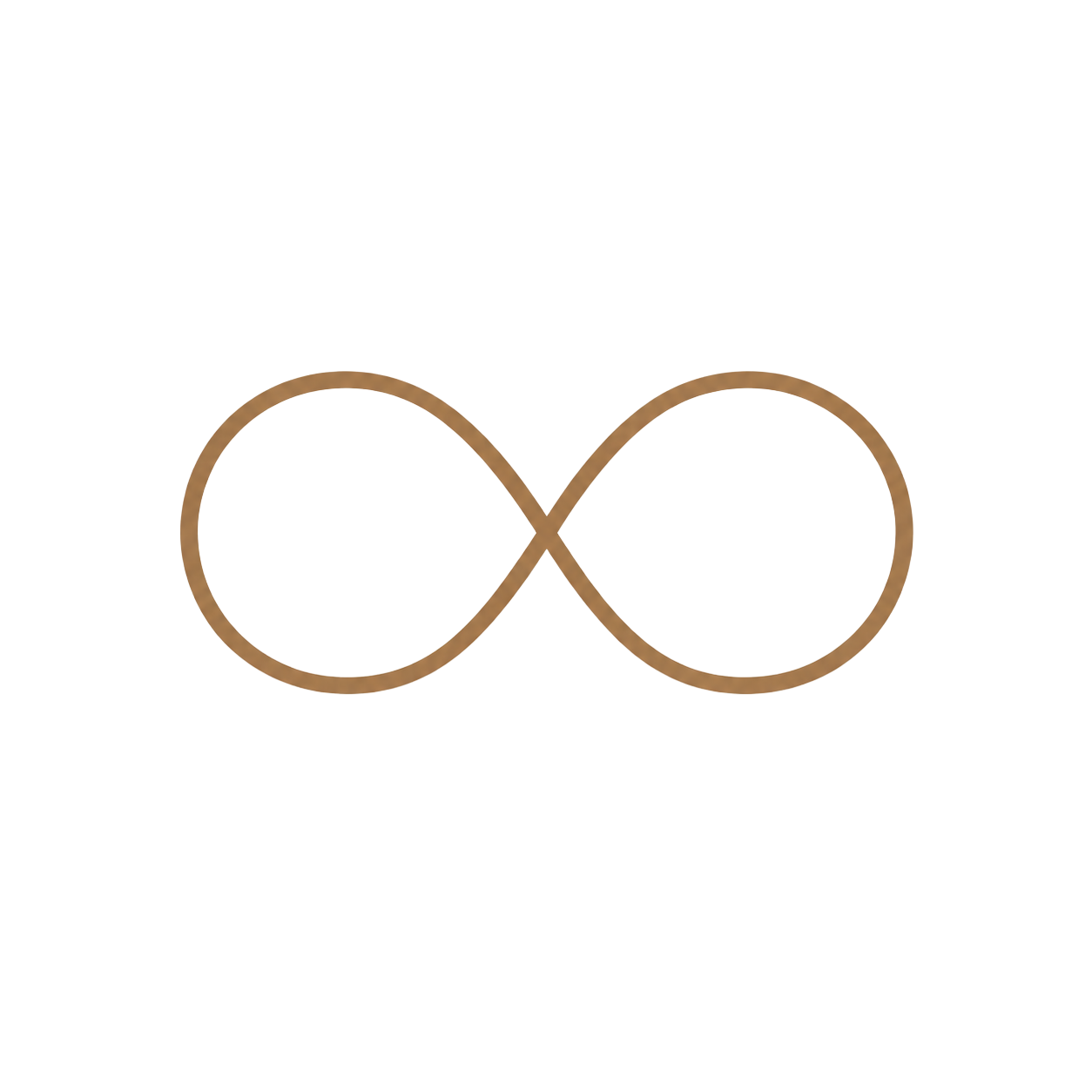 A minimalist golden-brown infinity symbol on a white background, representing endless possibilities and eternity.
