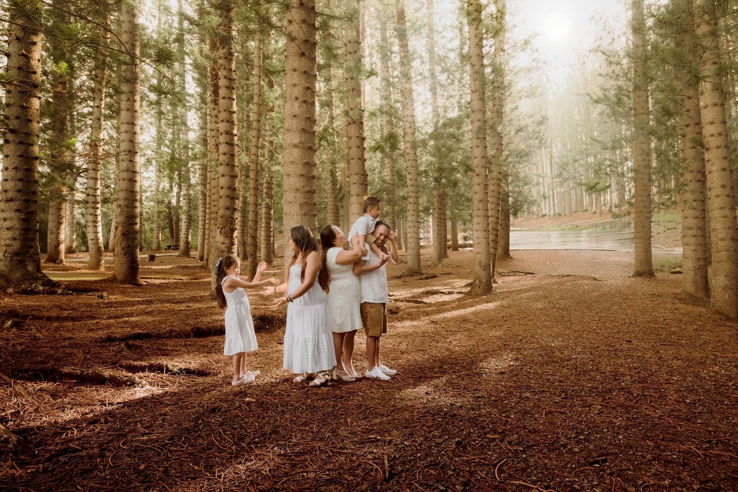 Family in white outfits gathering together in a sunlit pine forest with warm golden light filtering through tall trees.