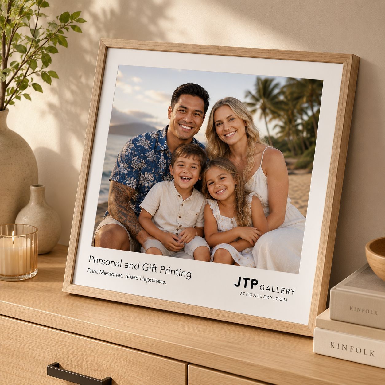 Framed family photo print on wood dresser, JTP Gallery personal and gift printing service, smiling family of four on beach.