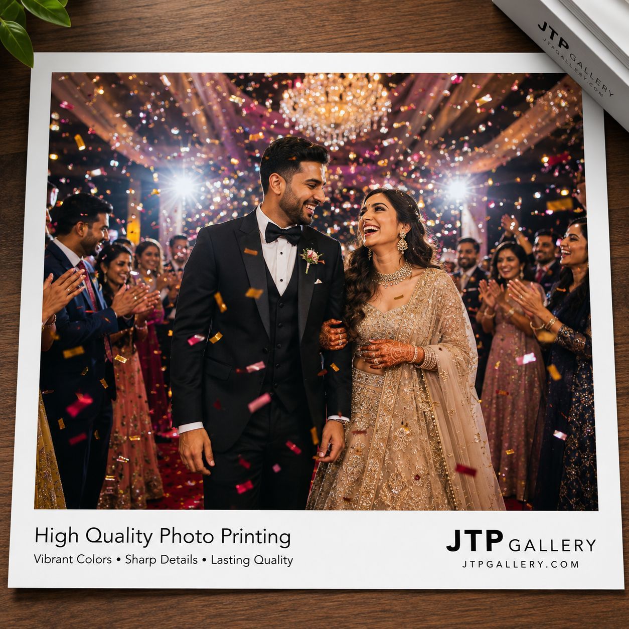 JTP Gallery high quality photo print of an Indian wedding couple smiling as colorful confetti falls around them.