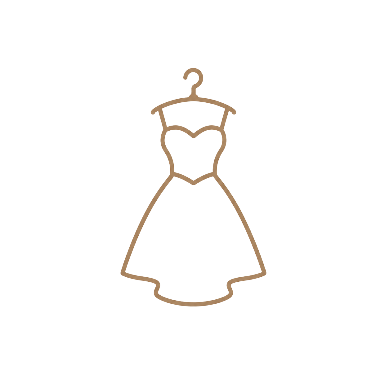 Gold outline icon of a wedding dress on a hanger with a sweetheart neckline and full skirt.