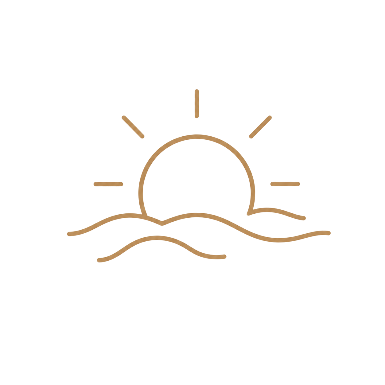 Minimalist line art sunset over ocean waves in warm golden tones.