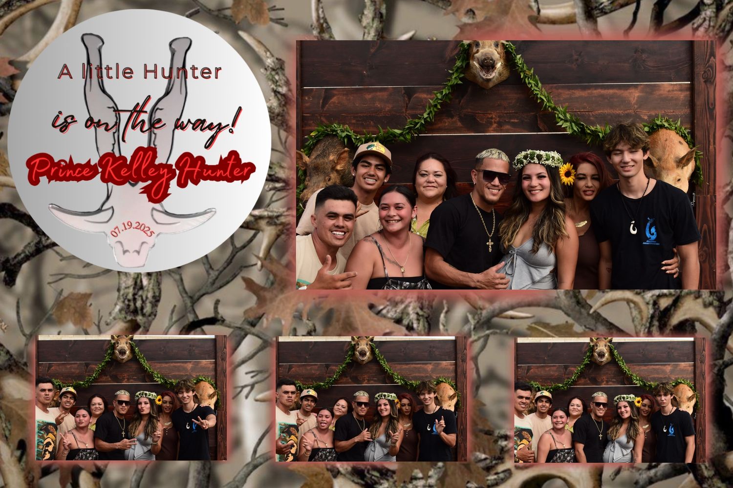 Group photo booth strip for a hunting-themed baby shower celebrating Prince Kelly Hunter's arrival.