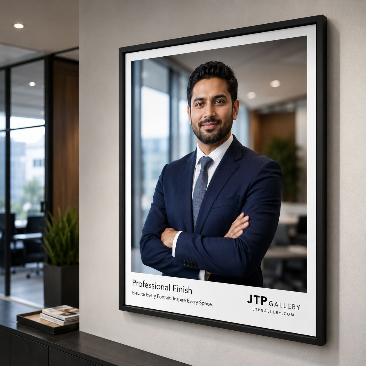 Professional framed portrait of a man in a navy suit with arms crossed, displayed in a modern office setting by JTP Gallery.