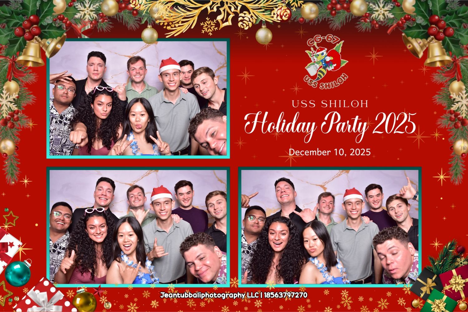 USS Shiloh Holiday Party 2025 photo booth collage showing groups of smiling attendees posing together on December 10, 2025.
