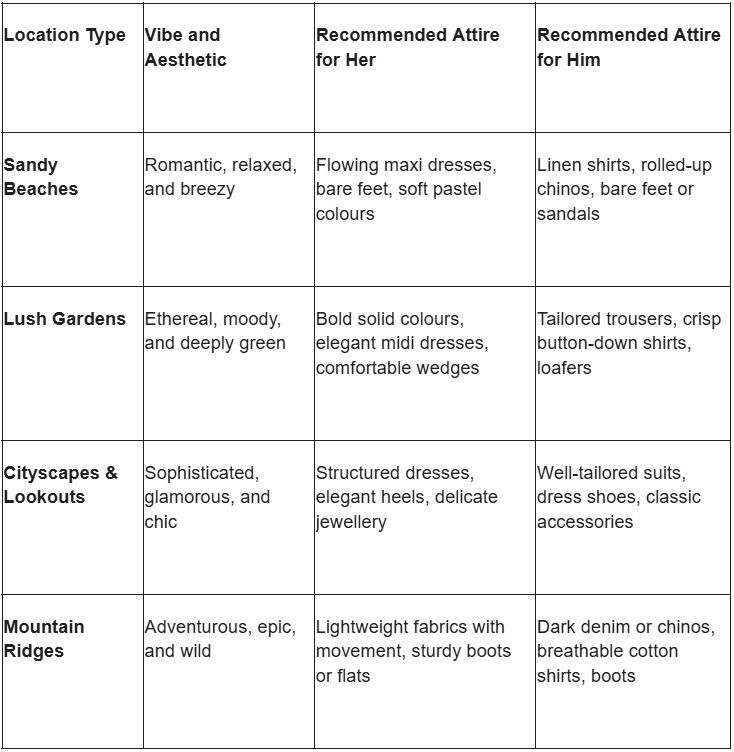 A table showing location types, vibes, and recommended attire for men and women at beaches, gardens, cityscapes, and mountains.