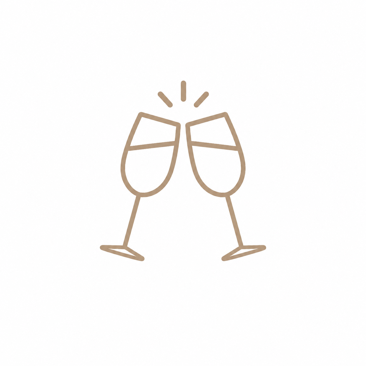 Two champagne flutes clinking together in a celebratory toast, minimalist line art icon in gold.