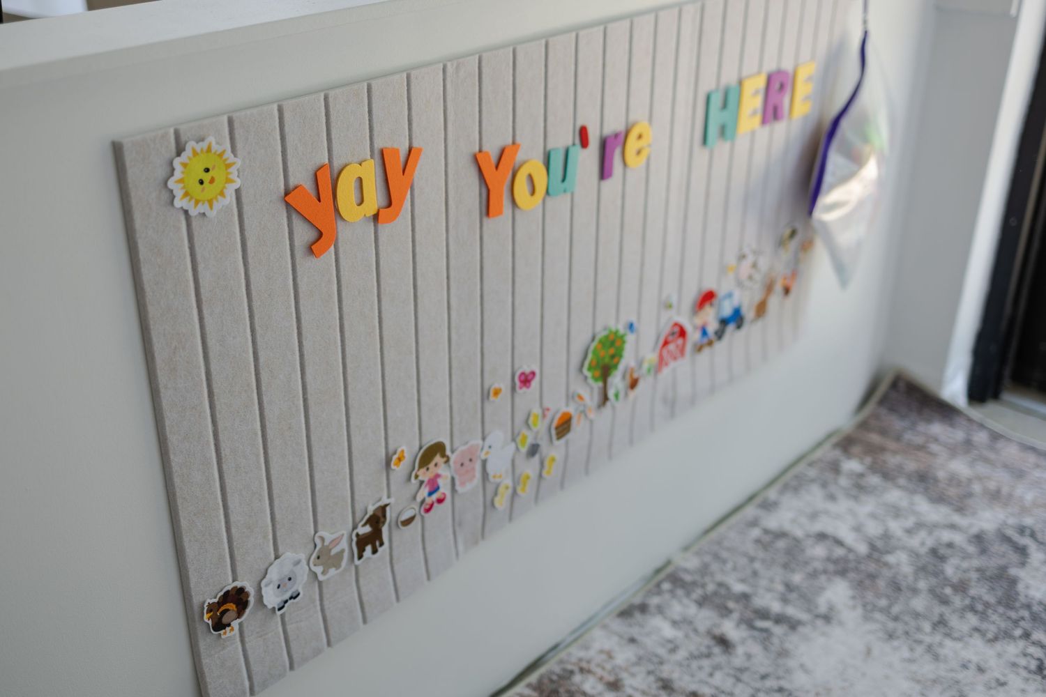 Colorful welcome display for children and families inside the Tara Lee Photography studio