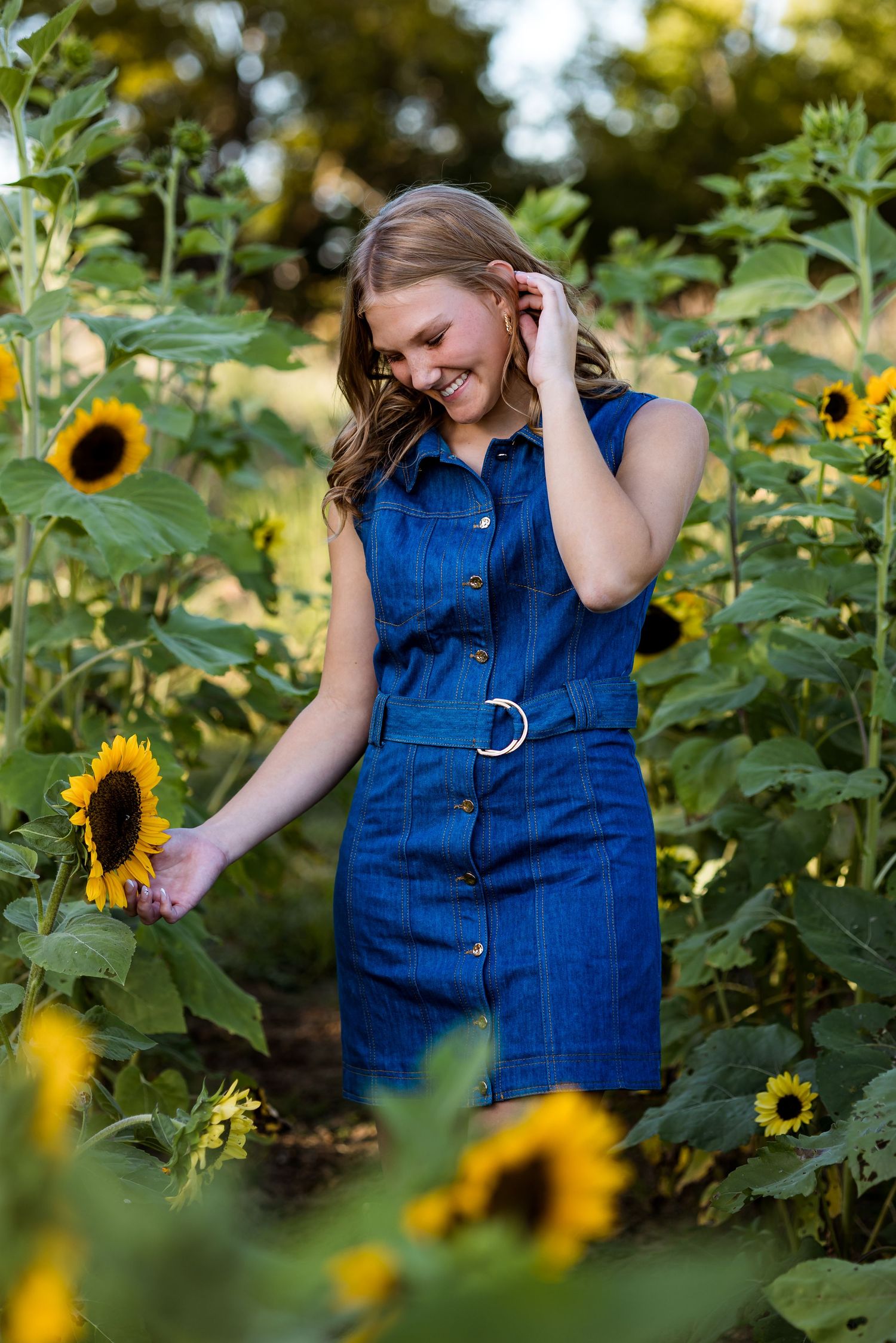A series of photos in a sunflower field featuring a denim dress against vibrant yellow blooms and green foliage.