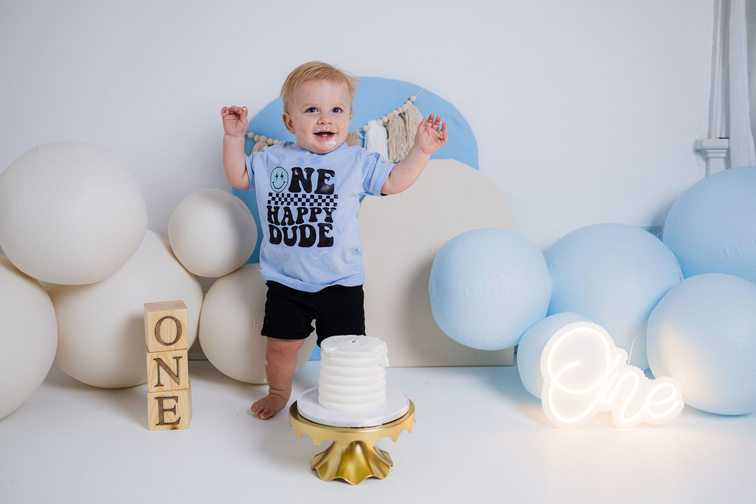 First birthday setup with balloons, wooden 'ONE' blocks, and a cake, featuring a grey t-shirt against light blue decor.