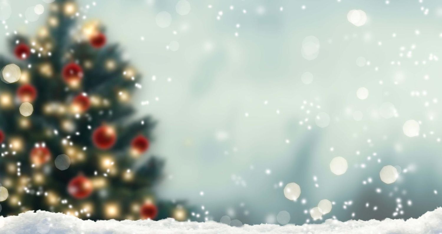 Decorated Christmas tree with glowing lights and red ornaments in snow against a blurred winter background.