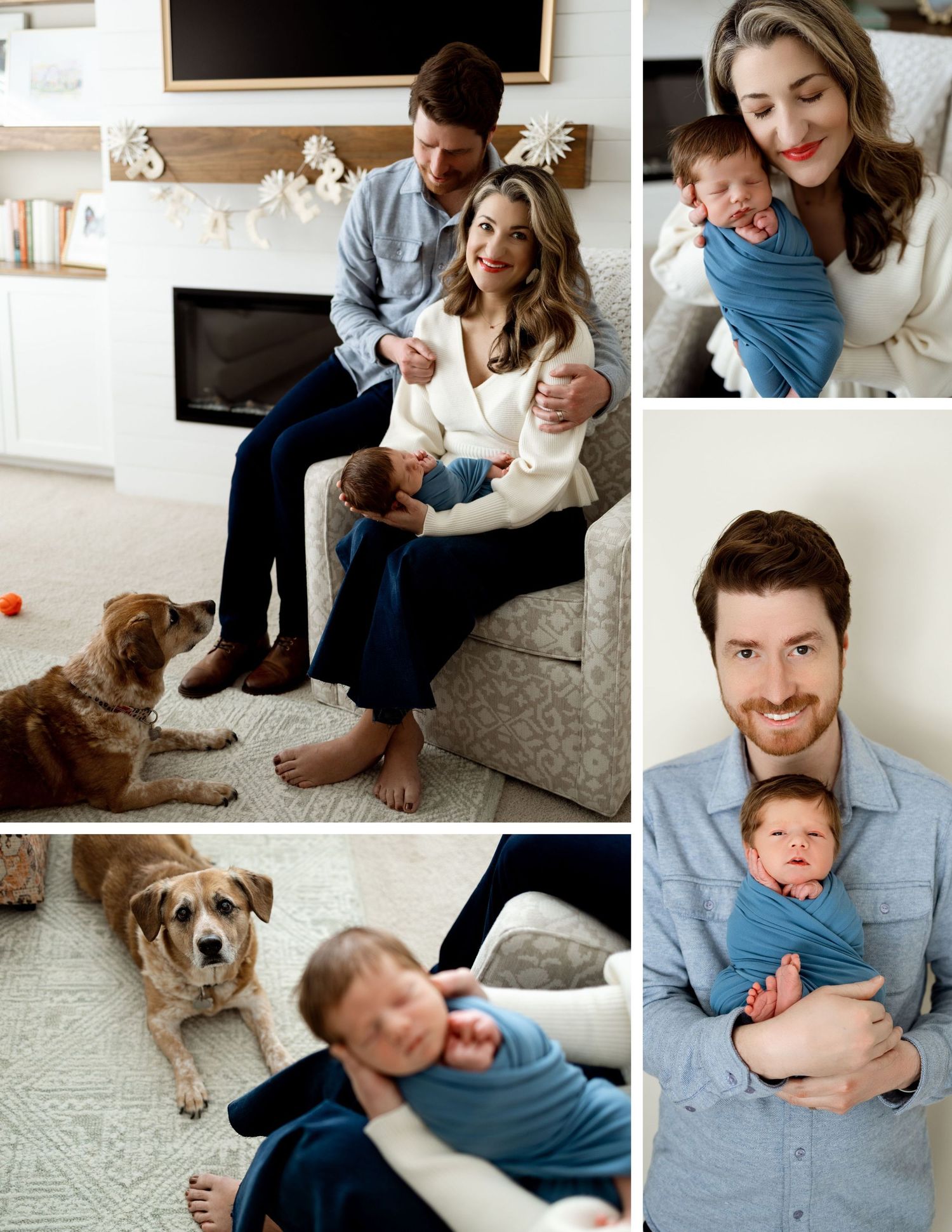 A playful family moment on a light carpet with a golden retriever dog joining in the fun.