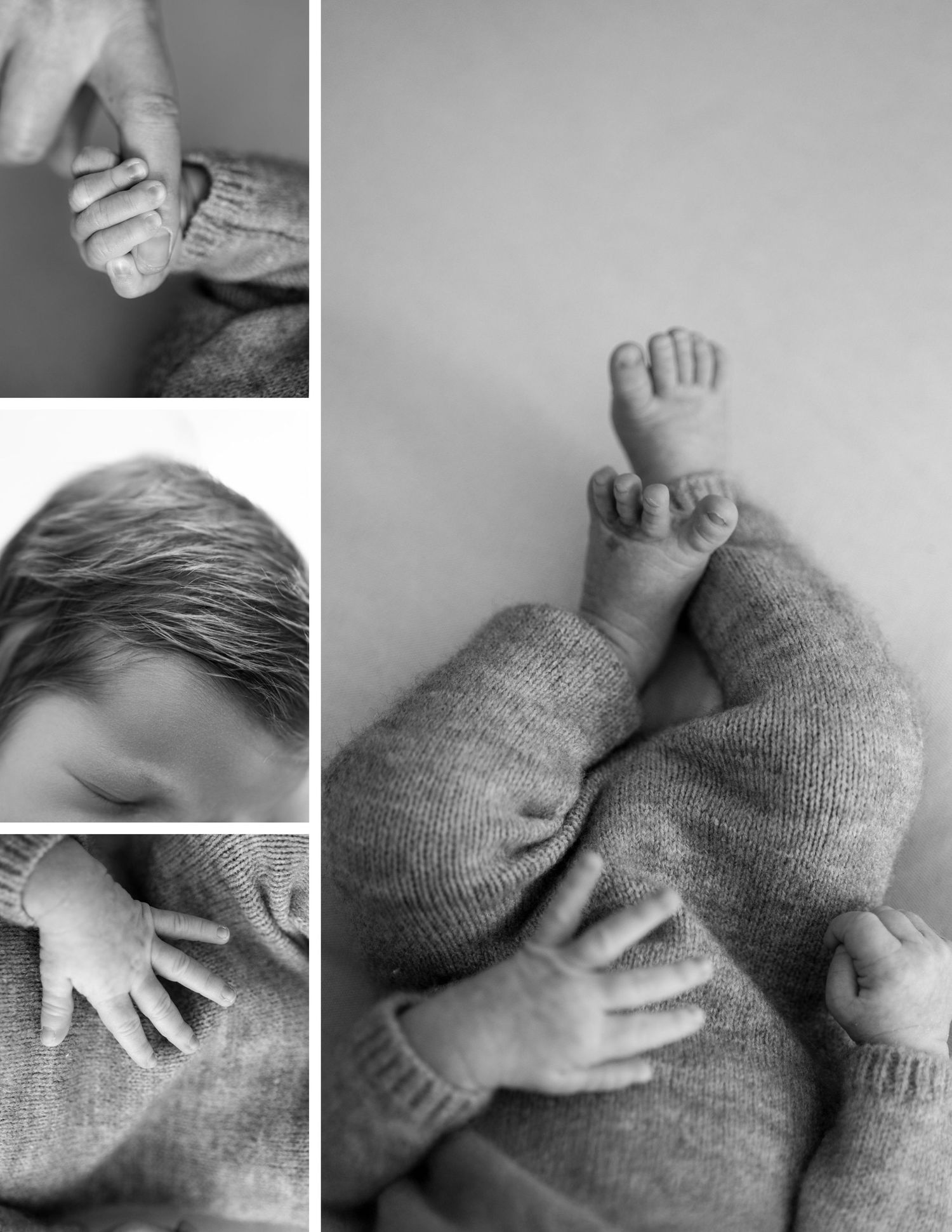 Black and white photo series showing hands gently massaging and kneading through soft knitted fabric.