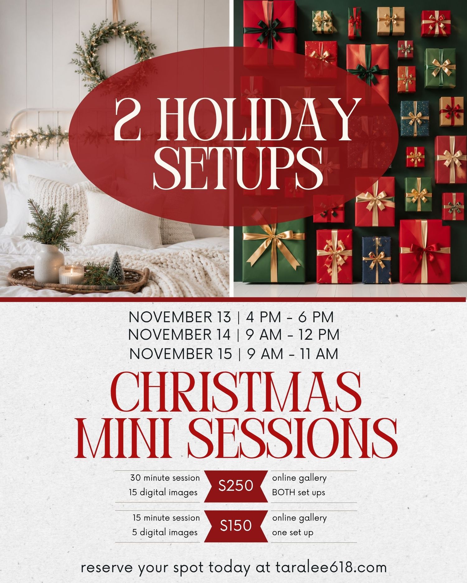 Holiday mini photo sessions flyer with Christmas gift boxes and cozy winter setup, offering 15-30 min sessions in November.