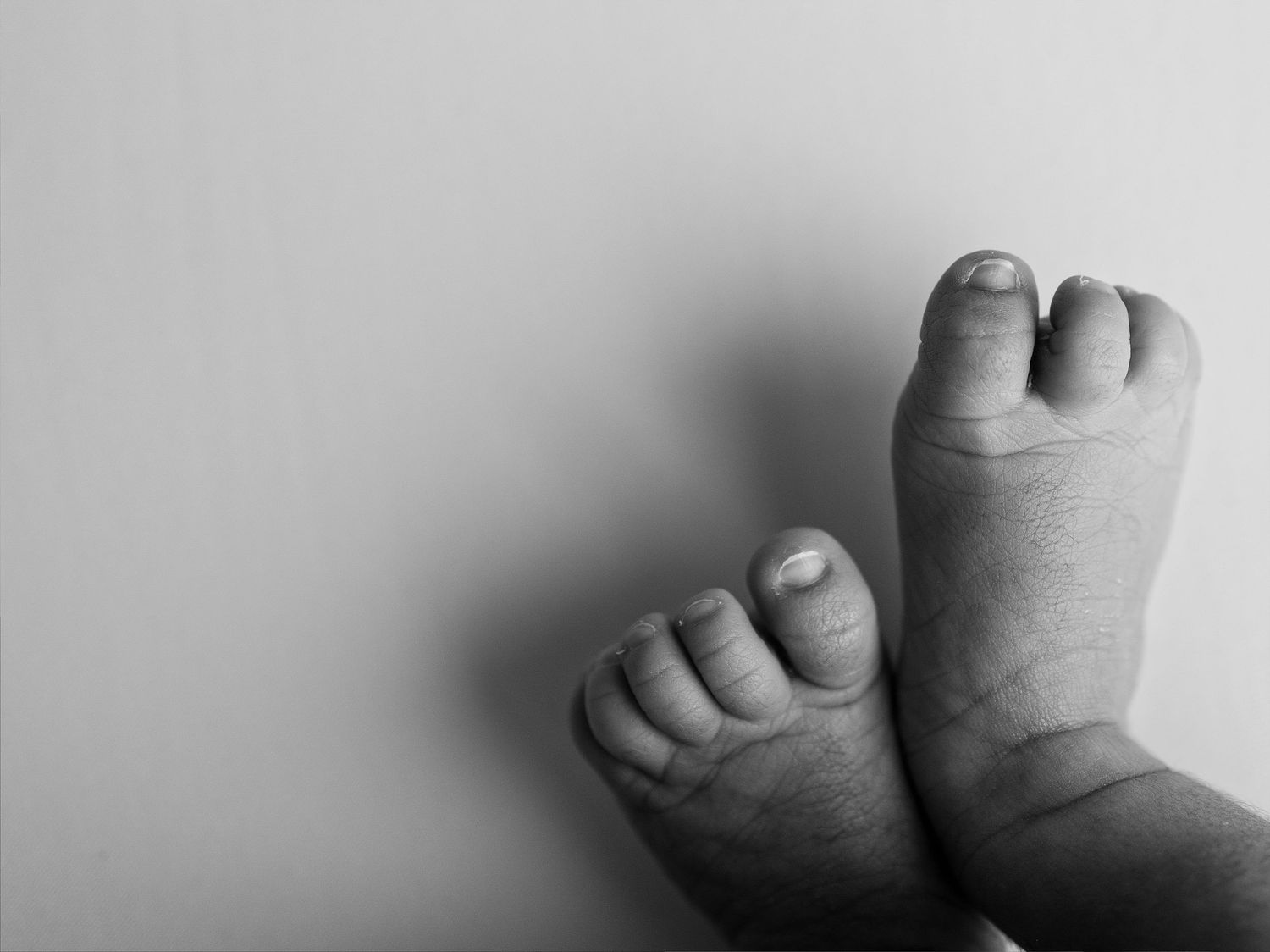 A series of black and white close-up photographs showing tiny baby feet and toes from different angles.