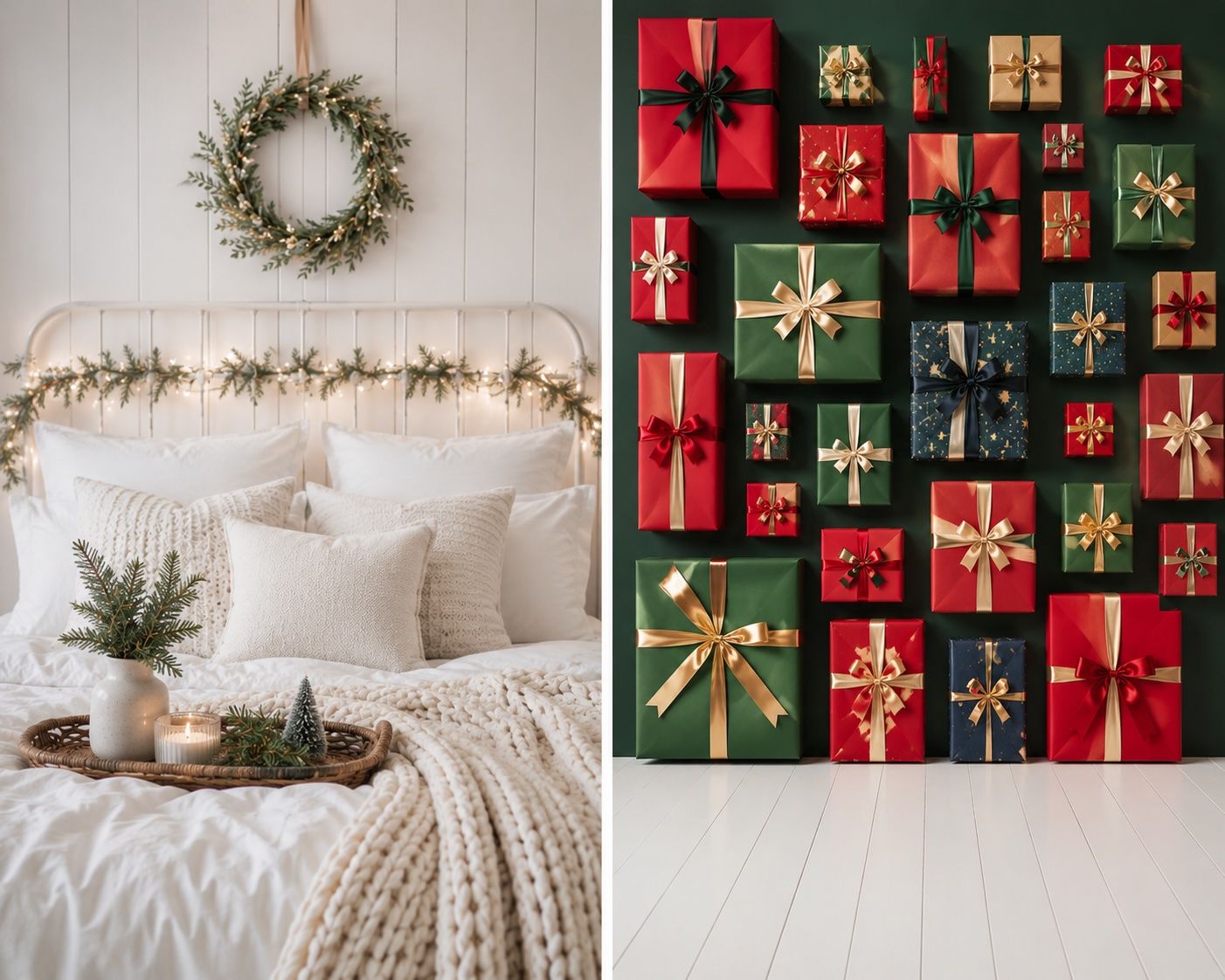 A cozy Christmas bedroom with white bedding, fairy lights, and a wreath, beside a wall of colorful wrapped holiday gifts.