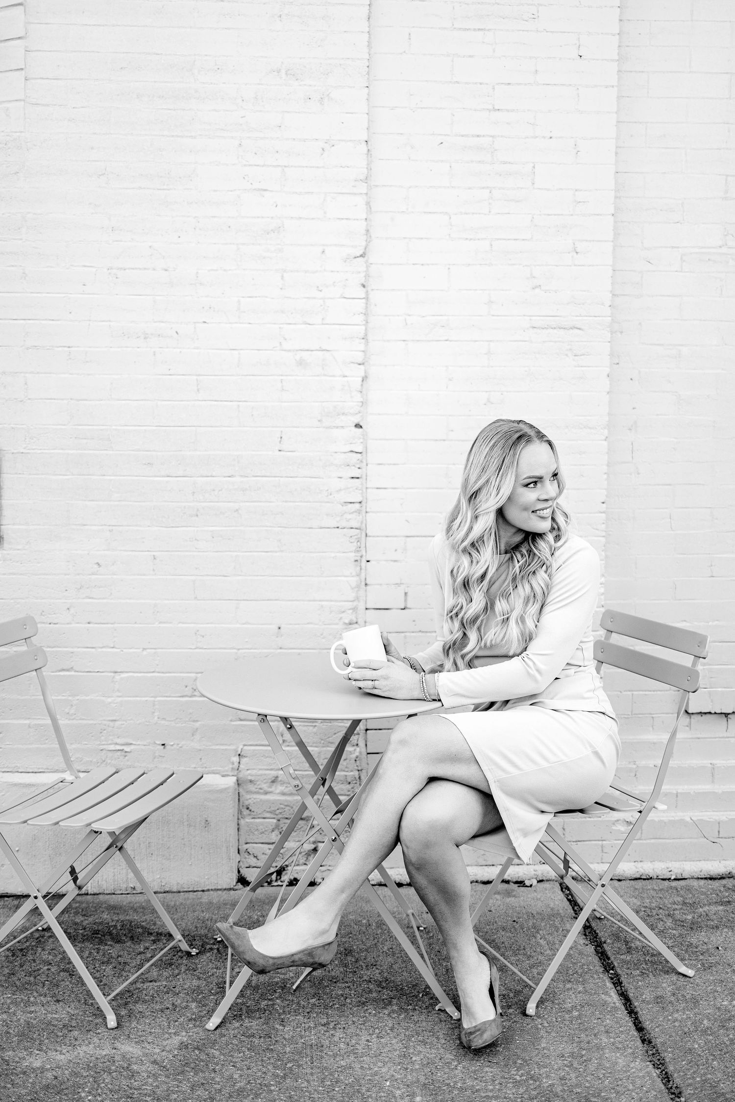 Black and white photo series with outdoor cafe chairs showing casual lifestyle poses.