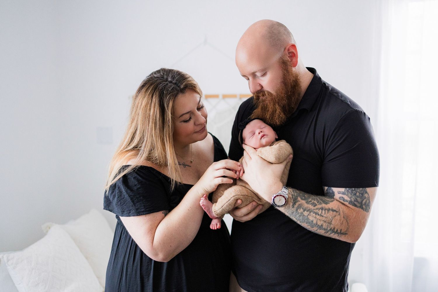 Three connected candid lifestyle photos featuring an intimate artistic portrait session between a couple in a white room.