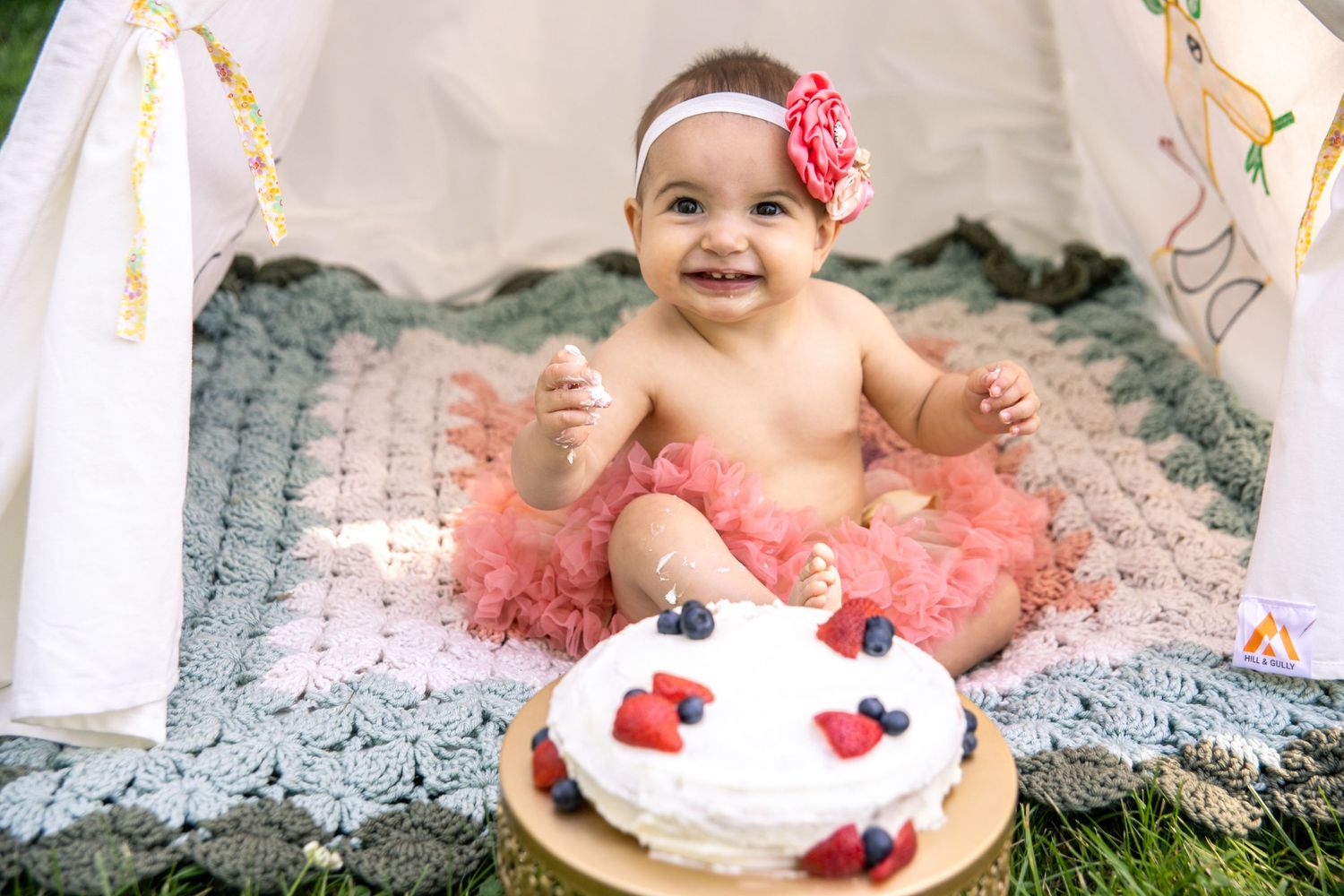 Baby celebrating first birthday with cake in white tent setup and pink tutu.