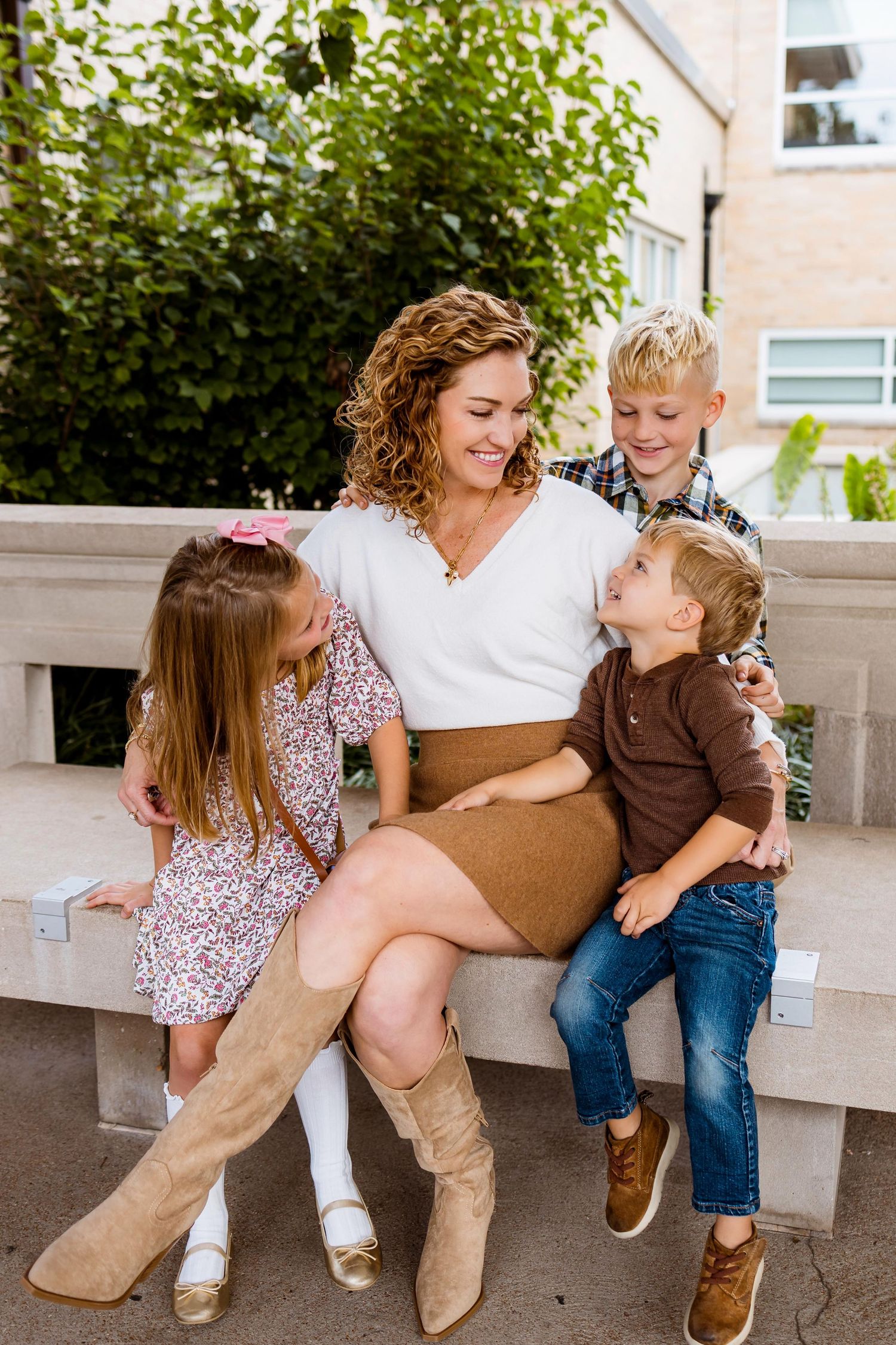 A series of candid family moments showing playful interactions between parent and child on an outdoor bench.