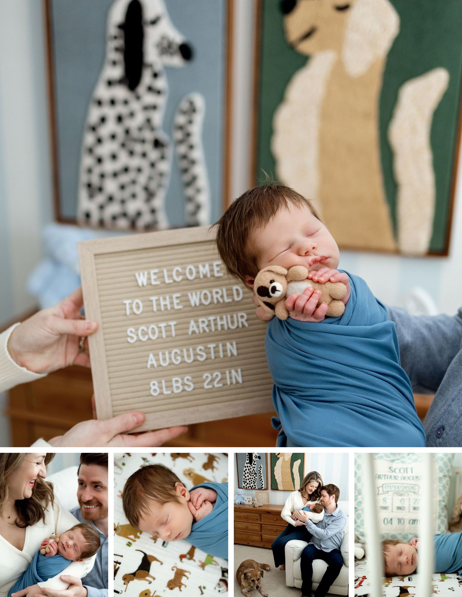 A collection of newborn lifestyle photography images showing tender moments between family members and a sleeping baby.