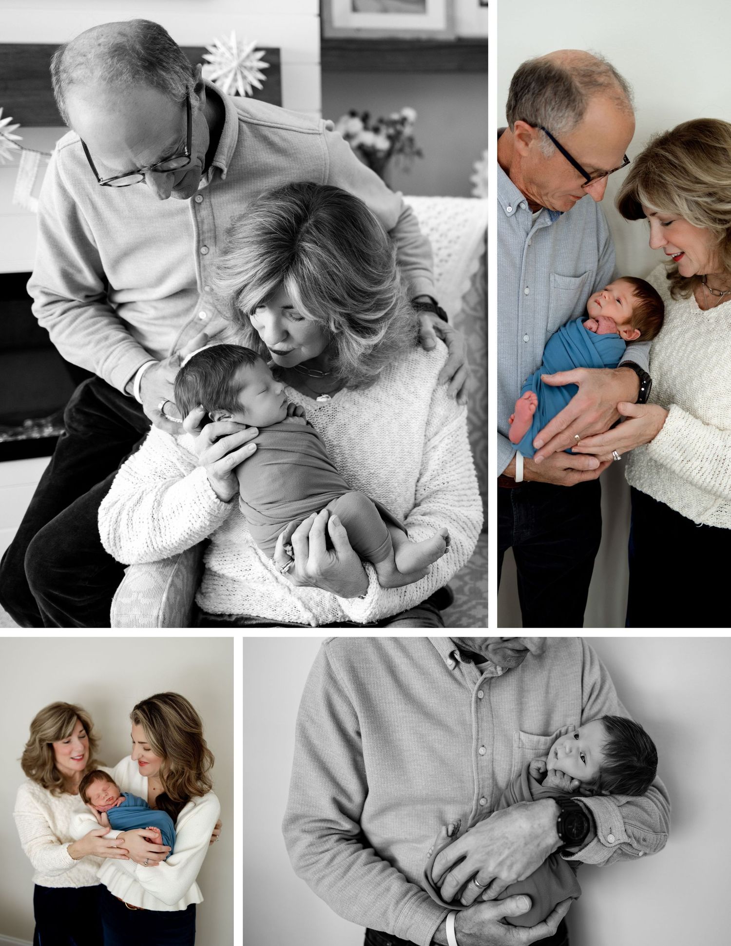 A collage of four tender family moments showing grandparents bonding with a newborn baby in black and white and color photos.