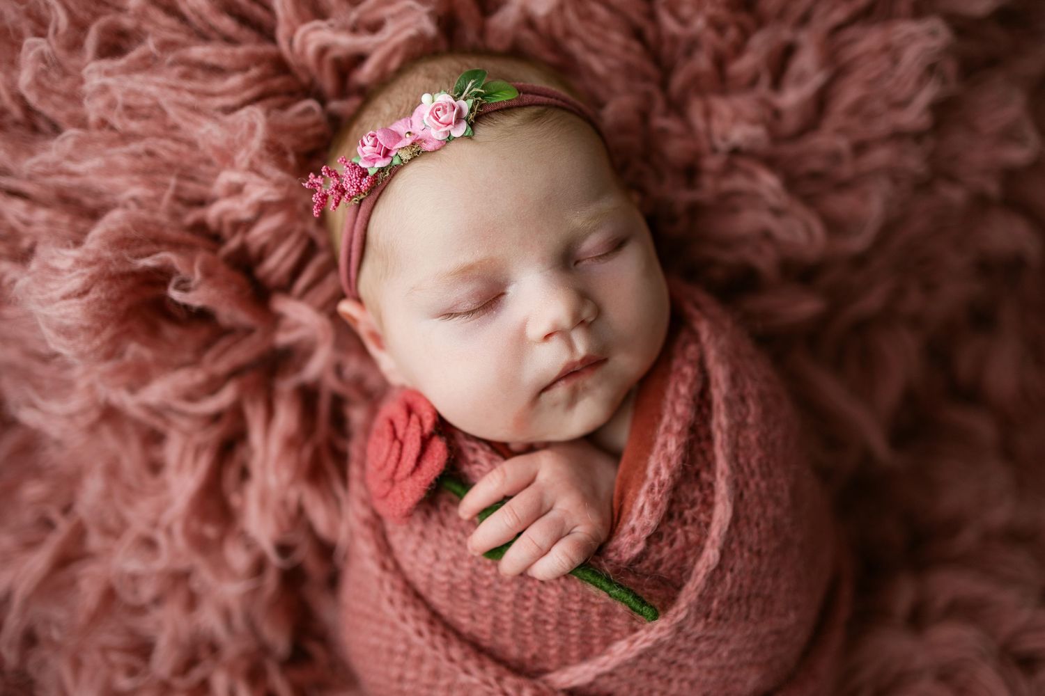 A sleeping newborn wrapped in pink swaddle blankets lies peacefully against a rosy backdrop in a professional photo session.