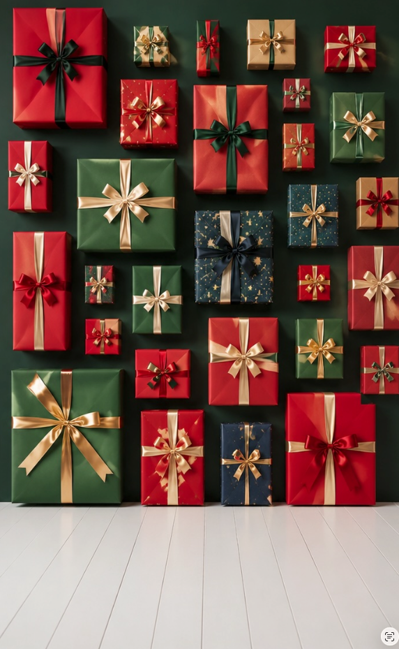 Colorful Christmas gift boxes wrapped in red, green, and gold paper with decorative bows displayed on a dark green wall.