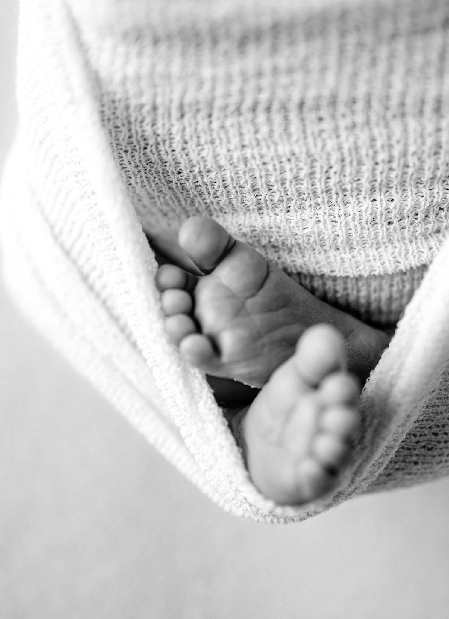 A series of black and white photographs showing tiny baby feet wrapped in soft white blankets.
