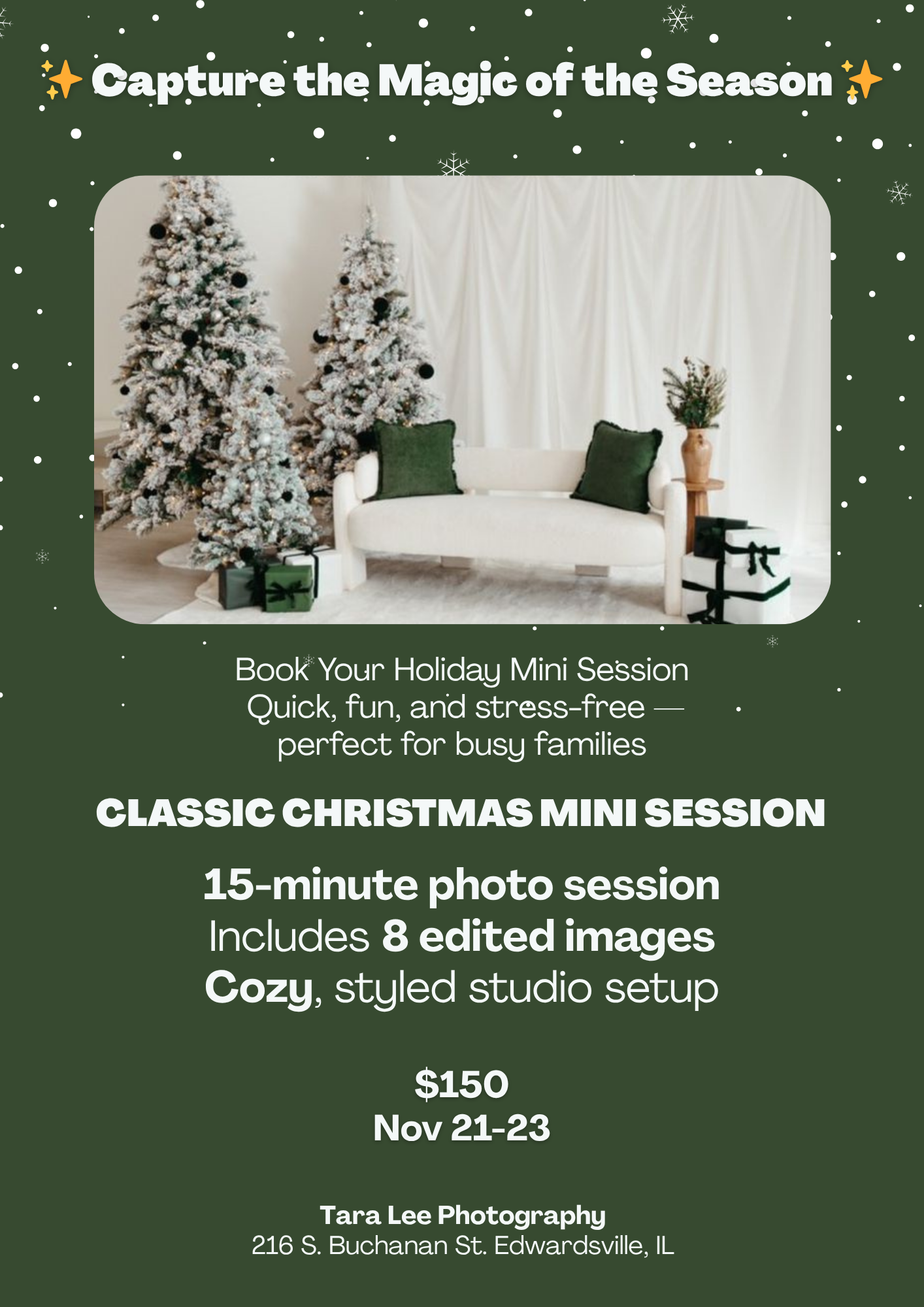 Holiday mini session advertisement featuring snow-covered Christmas trees and white sofa against a green background.