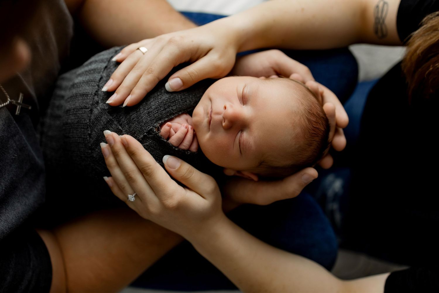 A close-up series of tender moments between two people showing gentle touches and intimacy.