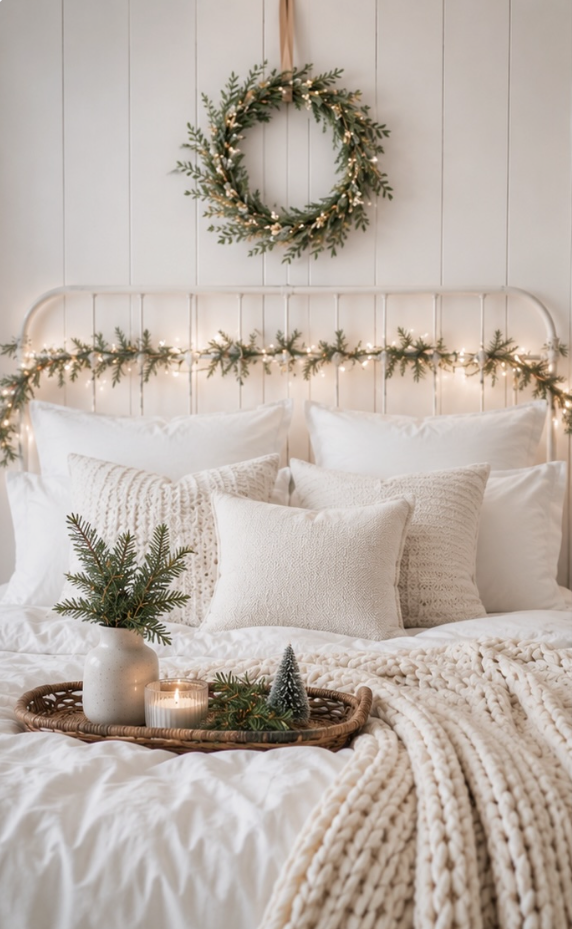 Cozy white bedroom with Christmas wreath, fairy lights, knit blankets, and holiday tray decor on bed.