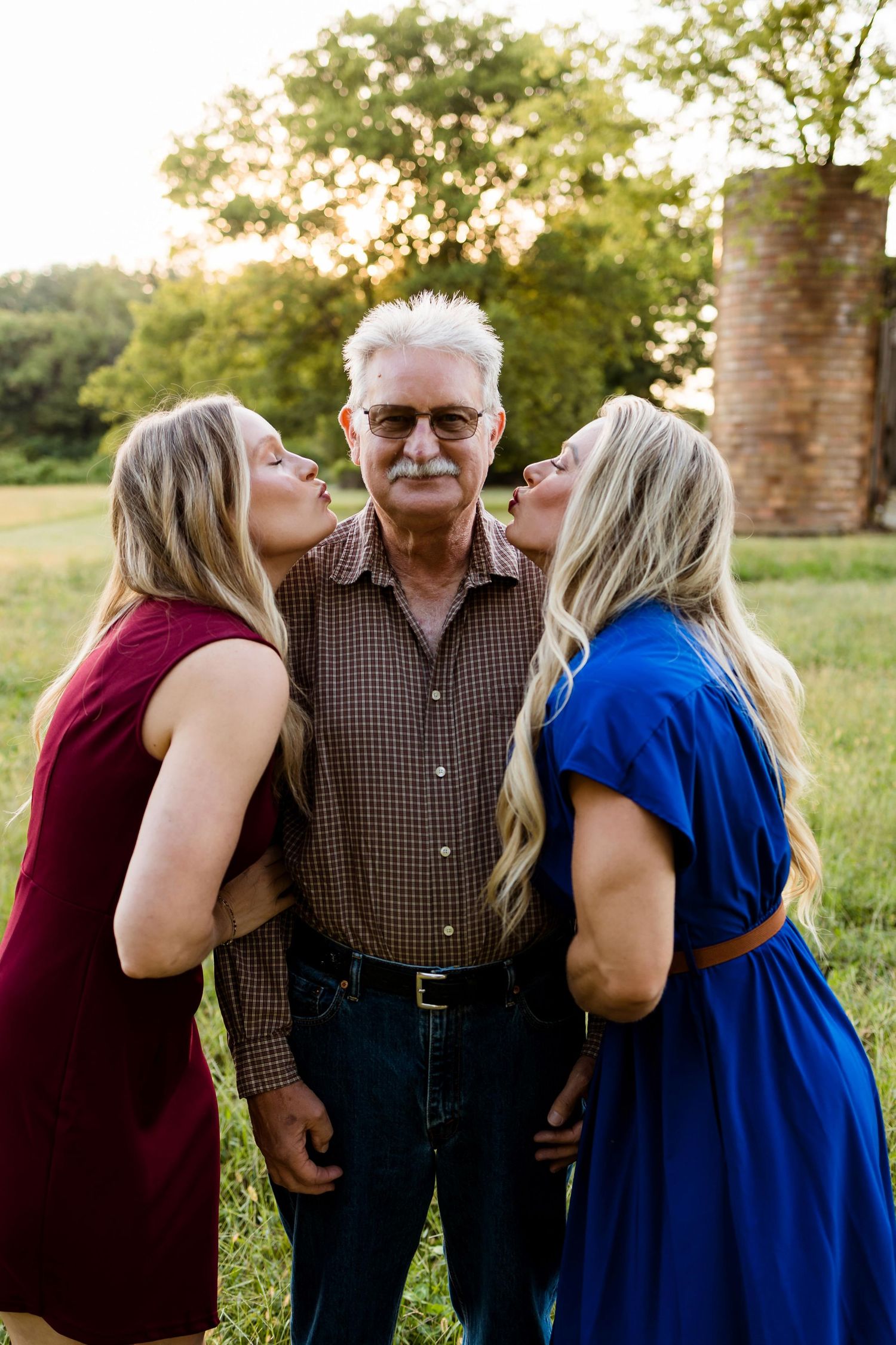 A heartwarming series of photos showing affectionate family moments outdoors during golden hour.