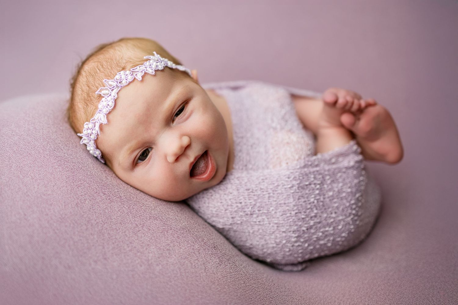 Newborn photography collage showing baby in soft pink and white tones lying on textured blankets.