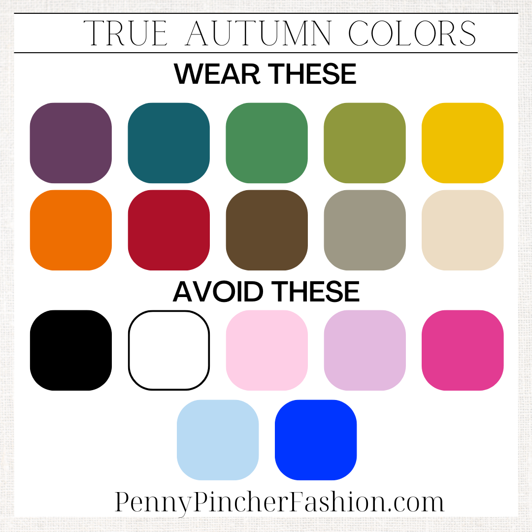 Color palette showing recommended autumn shades of burgundy, teal, olive, and mustard with colors to avoid or use with caution.