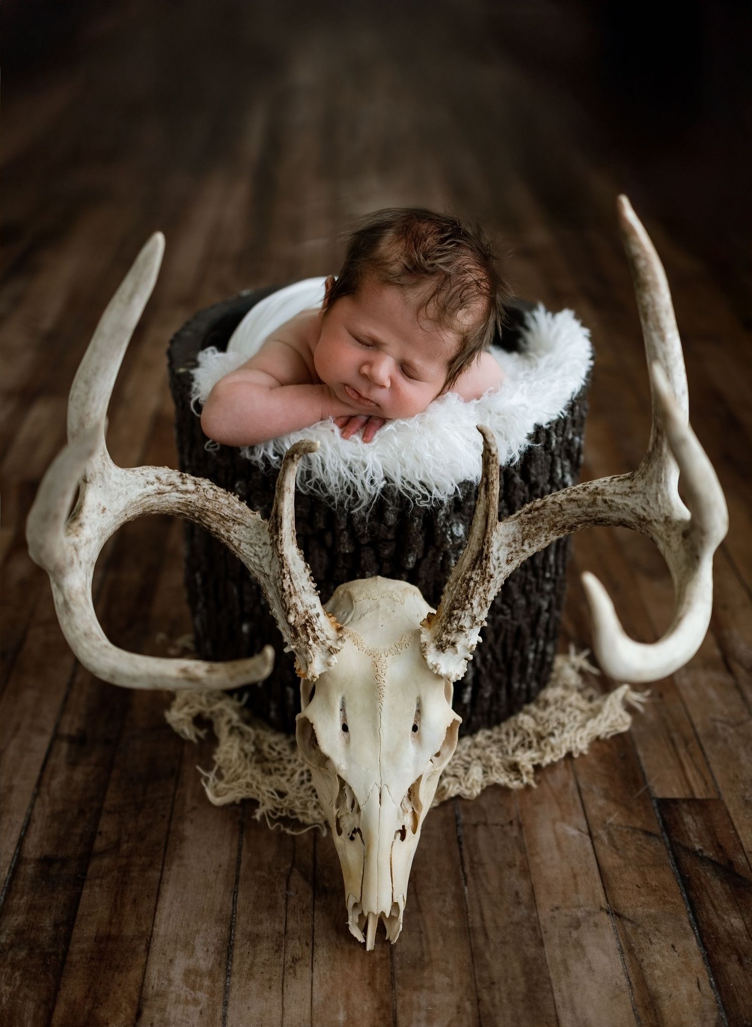 Newborn baby sleeping peacefully in a rustic log bowl atop a deer skull with antlers on a wooden floor.