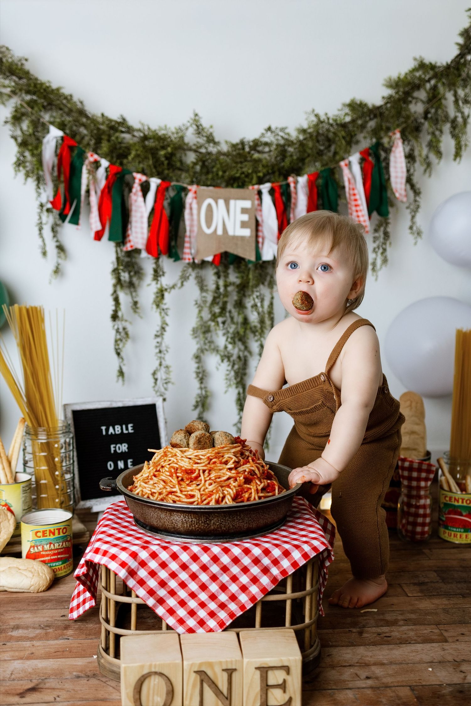 Spaghetti themed first birthday cake smash photo session with rustic decor and red checkered tablecloth.