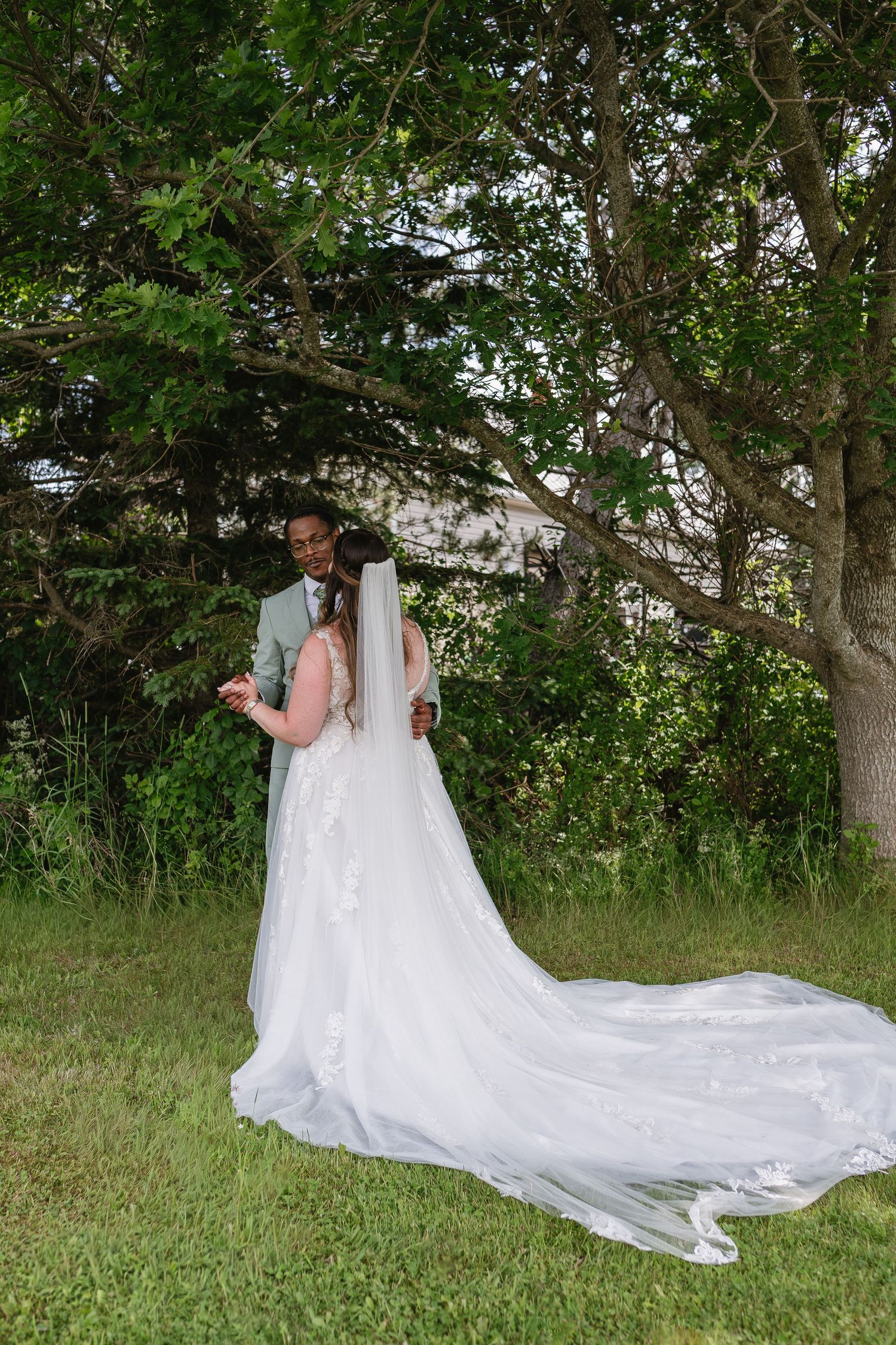 A bride and groom pose outdoors under a large tree, her long cathedral veil trailing across the green grass.