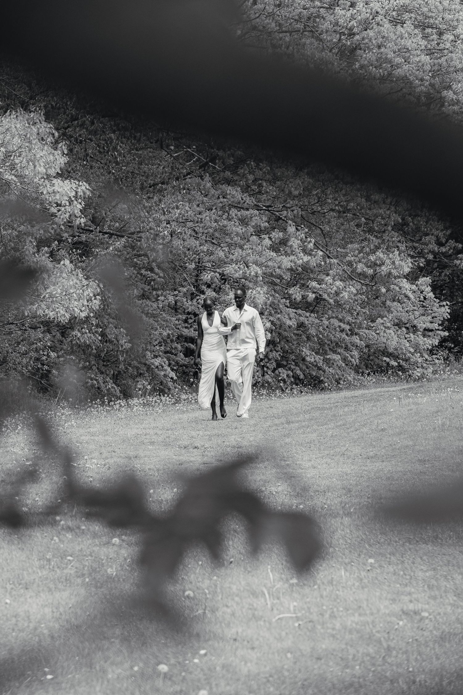 Black and white photo of a couple walking together across a green hillside surrounded by lush trees.