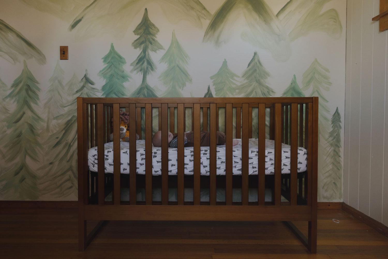 Wooden crib with mountain mural painted on nursery wall.