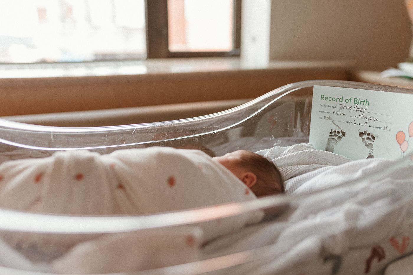 Wide view of newborn in hospital bassinet with birth card, cozy fresh 48 photo with warm tones and natural window light.
